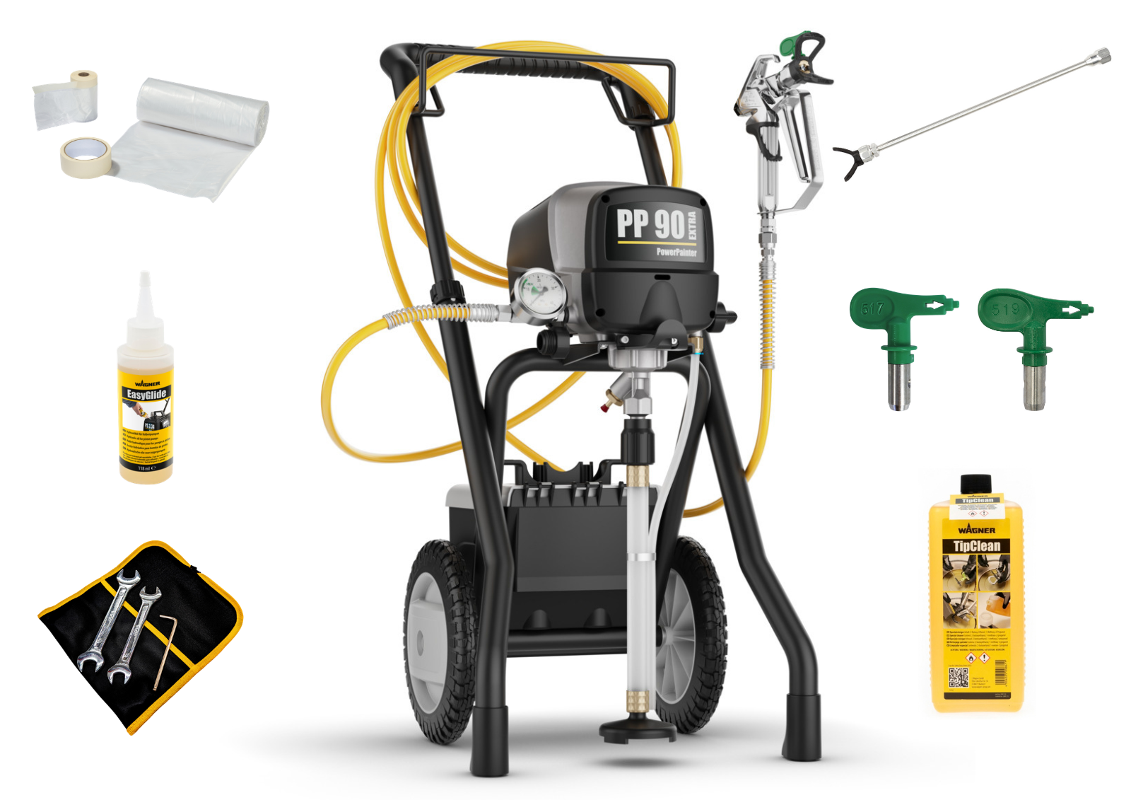 PowerPainter 90 Extra + prolunga per ugello 50 cm + ugello 519 + TipClean + 3x set di mascheratura