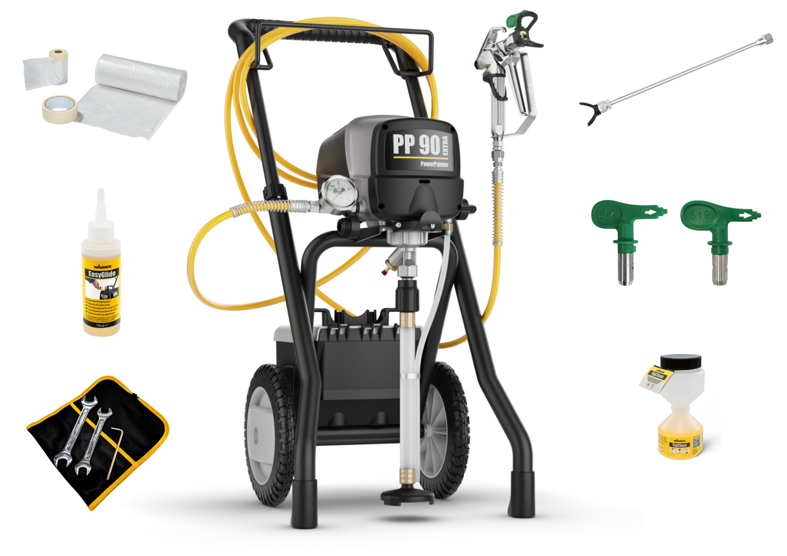 PowerPainter 90 Extra + prolunga per ugello 50 cm + ugello 519 + TipClean + 3x set di mascheratura