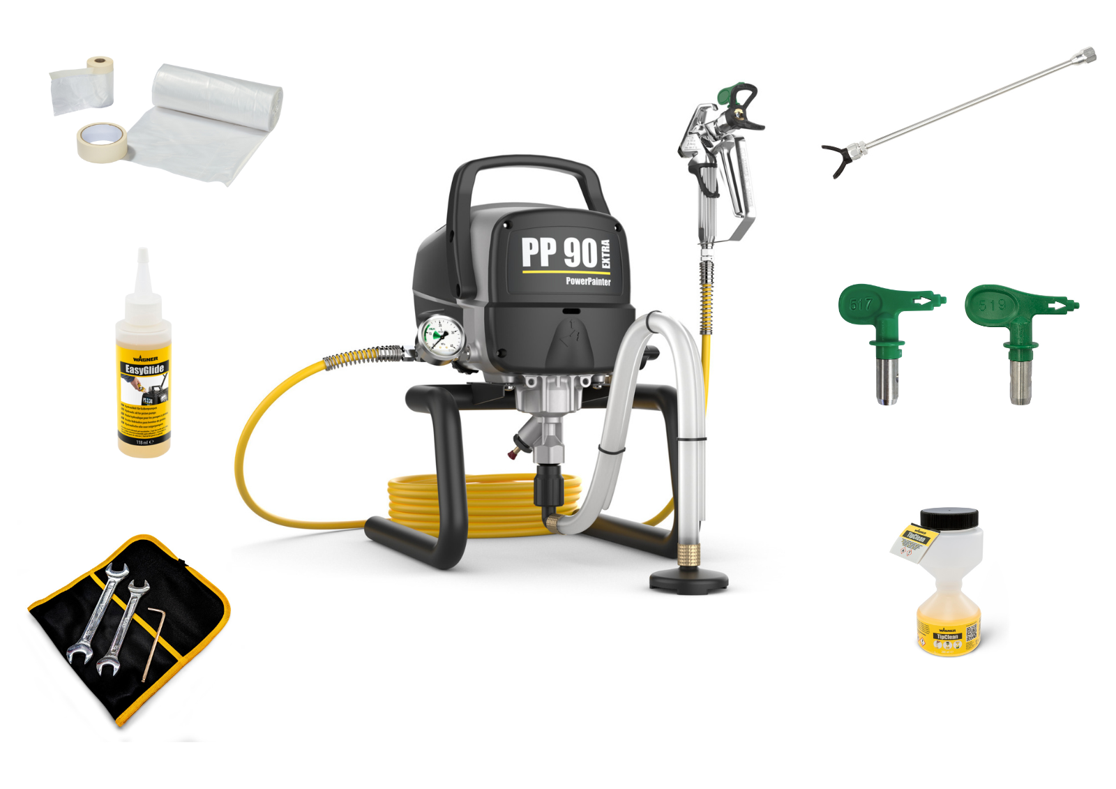 PowerPainter 90 Extra skid + prolunga per ugello 50 cm + ugello 519 + TipClean + 3x set di mascheratura