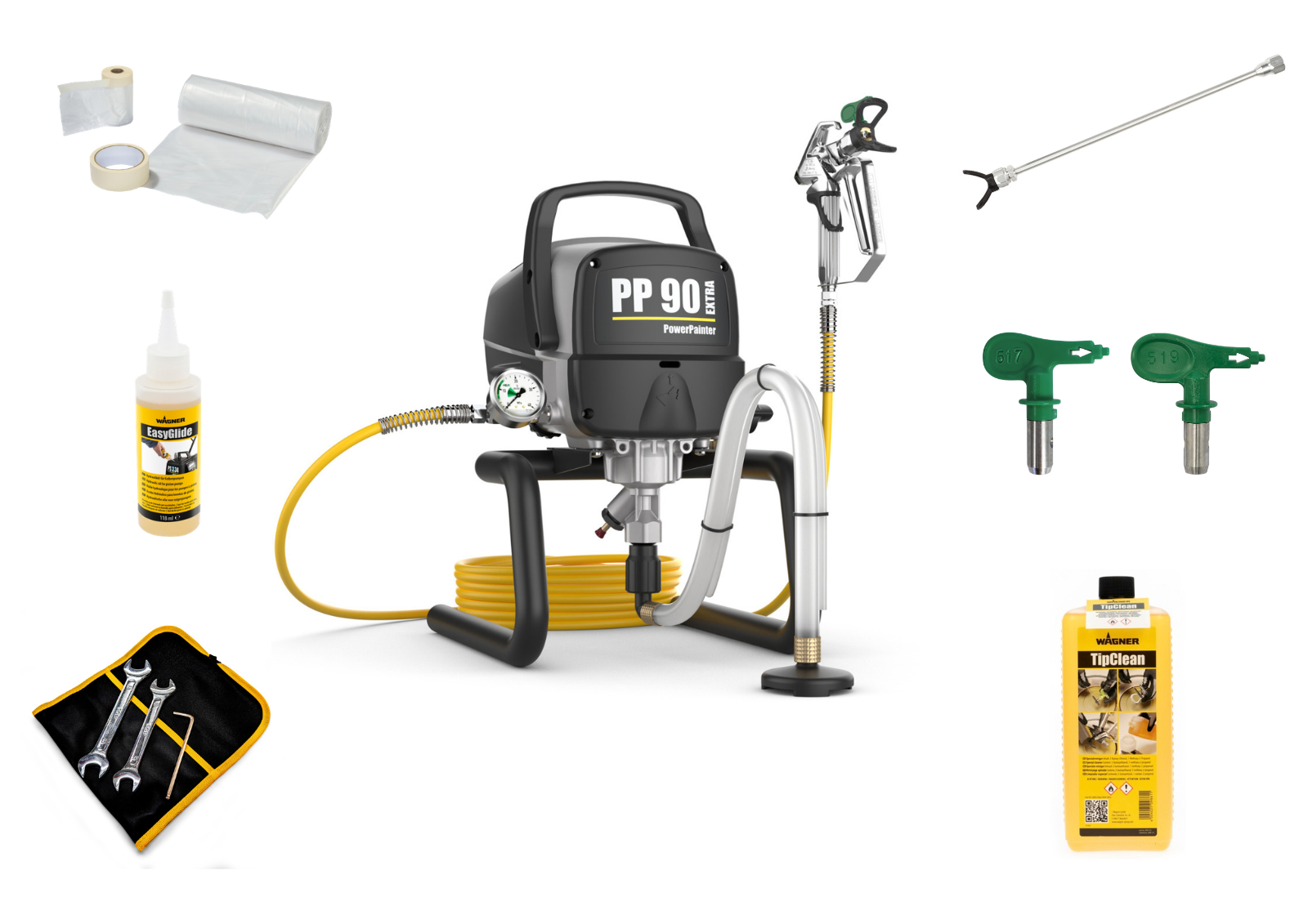 PowerPainter 90 Extra skid + prolunga per ugello 50 cm + ugello 519 + TipClean + 3x set di mascheratura